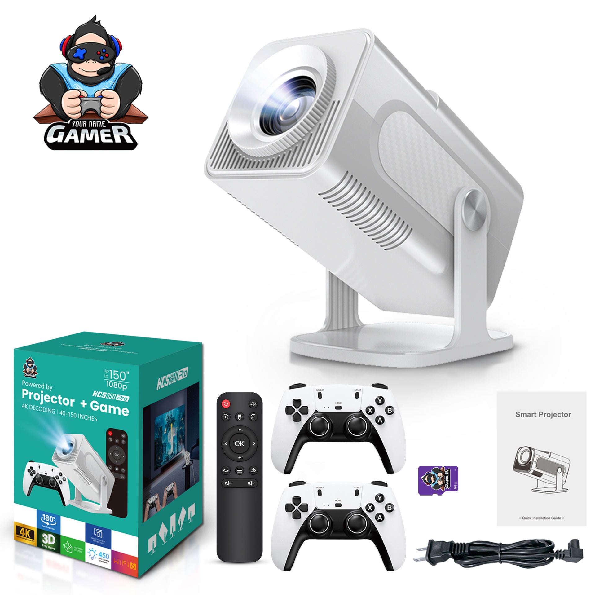 Smart home projector, 1080P resolution, WiFi 6, 450 lumens, 30,000+ classic games.