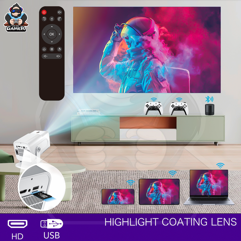 Smart home projector, 1080P resolution, WiFi 6, 450 lumens, 30,000+ classic games.